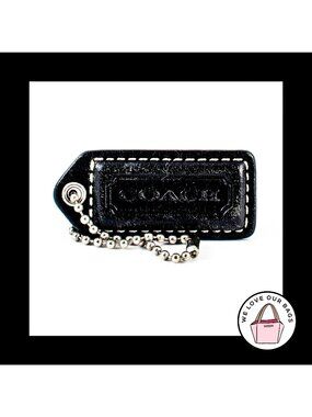 2" Medium VINTAGE COACH Black Leather Nickel Key Fob Bag Charm Keychain Hang Tag